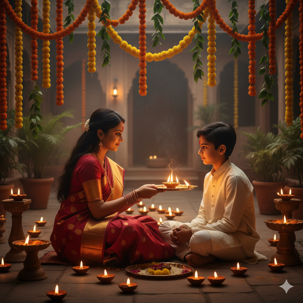sister performing aarti