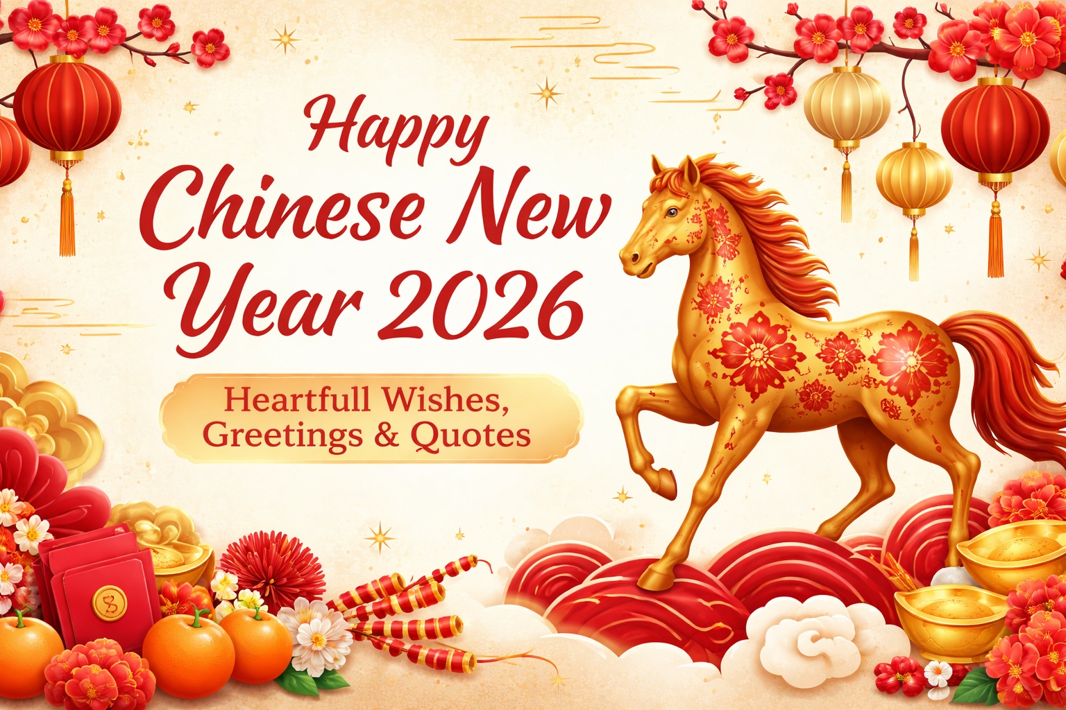 Chinese New Year 2026 Wishes or Quotes for Family, Friends & Business Chinese New Year 2026 is a time of renewal, prosperity, and joyful celebrations as families and communities welcome the Year of the Horse with hope and positivity. Sharing heartfelt wishes and meaningful quotes is one of the most beautiful traditions of this festival. Whether you are sending warm greetings to your family, thoughtful messages to friends, or professional wishes to business partners, the right words can strengthen bonds and spread happiness. Here, you’ll find the best Chinese New Year 2026 wishes and quotes to make your celebrations even more special. When is Chinese New Year 2026? Date, Animal & Meaning Chinese New Year 2026 begins on February 17, 2026, marking the start of the Year of the Horse in the Chinese zodiac cycle. This festival, also known as Lunar New Year, is one of the most important celebrations in Chinese culture and is observed in many countries across Asia. What Does the Year of the Horse Mean? The Horse symbolizes energy, strength, confidence, and progress. Those born in this zodiac year are often recognized for their bold personality, independent mindset, and drive to succeed. In 2026, the Horse year represents forward movement, career growth, financial progress, and fresh opportunities. Why Is Chinese New Year Important? Chinese New Year is a time for: Family reunions and festive dinners Giving red envelopes (symbol of good luck and prosperity) Decorating homes with red lanterns and couplets Fireworks to ward off bad luck It marks a fresh beginning — making it the perfect occasion to share heartfelt wishes, inspirational quotes, and business greetings for prosperity and success. Happy Chinese New Year 2026 Wishes for Family Chinese New Year is a time to cherish family bonds, express gratitude, and welcome new beginnings together. As we celebrate the Year of the Horse in 2026, take a moment to share heartfelt wishes with your loved ones and pray for happiness, health, and prosperity in the year ahead. Heartfelt Family Wishes Happy Chinese New Year 2026! May our family be blessed with happiness, health, and endless prosperity. Wishing you a joyful Year of the Horse filled with success and beautiful memories together. May this Lunar New Year bring peace to our home and strengthen the love we share. Cheers to new beginnings and brighter days ahead for our wonderful family. May good fortune and happiness follow our family throughout 2026. Wishing you strength, success, and endless joy in the Year of the Horse. May our family bond grow even stronger this Chinese New Year. Sending love, luck, and prosperity to every member of our family. May 2026 bring new opportunities and countless blessings into our lives. May the Year of the Horse bring courage and confidence to achieve all our dreams. Wishing you peace, harmony, and success in everything you do this year. May happiness surround our family today and always. Let’s celebrate this New Year with gratitude and hope for a brighter future. Professional & Business Wishes Chinese New Year is not only a time for family celebrations but also an important occasion to express gratitude and goodwill to clients, colleagues, and business partners. As we welcome the Year of the Horse in 2026, it’s the perfect opportunity to share professional wishes that reflect growth, prosperity, and long-term success. Business Wishes for Clients & Partners Wishing you a prosperous Chinese New Year 2026 filled with growth, success, and new opportunities. May the Year of the Horse bring strength, determination, and great achievements to your business. Thank you for your continued trust and partnership. Wishing you prosperity and success in 2026. May this Lunar New Year open doors to exciting ventures and profitable collaborations. Wishing your company steady progress and abundant success throughout the year. Happy Chinese New Year! May your hard work be rewarded with remarkable accomplishments. May 2026 bring financial stability, innovation, and sustainable growth to your organization. Wishing you confidence and momentum to reach new business milestones this year. May prosperity and good fortune follow you in every professional endeavor. Looking forward to continued collaboration and mutual success in the Year of the Horse. Corporate Greeting Message On the occasion of Chinese New Year 2026, we extend our heartfelt wishes for prosperity, growth, and continued success. May the Year of the Horse inspire strength, ambition, and new achievements in all your business ventures. Chinese New Year 2026 Wishes for Friends Chinese New Year is the perfect time to celebrate friendship, share positivity, and welcome fresh beginnings together. As we step into the Year of the Horse in 2026, send warm wishes to your friends and let them know how much they mean to you. A simple message filled with hope and good fortune can make their Lunar New Year even more special. Heartfelt Wishes for Friends Happy Chinese New Year 2026, my friend! May this Year of the Horse bring you success and happiness. Wishing you prosperity, joy, and endless opportunities in the year ahead. May this Lunar New Year fill your life with new adventures and bright achievements. May good fortune and great health follow you throughout 2026. Wishing you strength and confidence to chase your dreams this year. May the Year of the Horse bring energy, passion, and success into your life. Here’s to new beginnings and bigger achievements in 2026. May happiness and prosperity always stay by your side. Wishing you courage to overcome challenges and wisdom to seize opportunities. May this New Year bring peace, love, and success to you and your family. Let’s celebrate friendship and fresh starts this Chinese New Year. May 2026 be your most successful and joyful year yet. Sending you warm wishes for a prosperous and exciting Year of the Horse. Chinese New Year 2026 Quotes Chinese New Year is a celebration of renewal, hope, and fresh beginnings. As we welcome the Year of the Horse in 2026, these meaningful quotes capture the spirit of prosperity, determination, and happiness that the Lunar New Year represents. “A new year, a new beginning, and a new journey toward prosperity.” “May your dreams run free and strong like the Horse in 2026.” “With every new year comes new hope and endless possibilities.” “Celebrate endings—for they precede new beginnings.” “The Lunar New Year reminds us that every sunrise brings a fresh start.” “Success comes to those who move forward with determination.” “Harmony in the home and success in the heart—this is the true blessing of the New Year.” “A prosperous year begins with a grateful heart.” “Let your ambitions run as freely as the Horse this year.” “New opportunities await those who welcome change.” Short Chinese New Year 2026 Instagram Captions Celebrate the Year of the Horse 2026 with these short, catchy, and festive Instagram captions perfect for selfies, family photos, business posts, and celebration reels. Short & Cute Captions Hello 2026, let’s ride into success! New year, new blessings. Gong Xi Fa Cai! Ready to gallop into greatness. Prosperity looks good on me. Fresh start, fierce energy. Year of the Horse vibes. Lucky, blessed, and grateful. Red outfits & golden dreams. Happiness multiplied in 2026. Fun & Festive Captions Let the celebrations begin! Fireworks, fortune, and family. Chasing dreams in the Year of the Horse. More luck, less stress. Shine bright this Lunar New Year. Fortune favors the bold. Running toward success in 2026. Smiles, sweets, and prosperity. Good vibes only this New Year. Strong, swift, unstoppable. Professional Captions Wishing prosperity and growth in 2026. New partnerships, new opportunities. Success starts today. Business blooming this Lunar New Year. Prosperity for all. Final Words As we celebrate Chinese New Year 2026, may this beautiful season remind us of the importance of family, friendship, gratitude, and hope. The Year of the Horse symbolizes strength and determination — a powerful reminder to move forward boldly toward our dreams. May your year be filled with happiness, prosperity, and countless joyful moments. Gong Xi Fa Cai! FAQs 1. When is Chinese New Year 2026? Chinese New Year 2026 begins on February 17, 2026, and marks the start of the Lunar New Year celebrations, which traditionally last for 15 days and end with the Lantern Festival. 2. How long does Chinese New Year last? The celebration typically lasts 15 days, starting from Lunar New Year’s Day and ending with the Lantern Festival. 3. What are common Chinese New Year 2026 wishes? Common wishes include: “Gong Xi Fa Cai” (Wishing you prosperity) “Wishing you happiness and success” 4. Why is Chinese New Year important? Chinese New Year is one of the most significant traditional holidays in Chinese culture. It celebrates family reunions, honors ancestors, and welcomes a new year filled with hope, prosperity, and fresh beginnings.